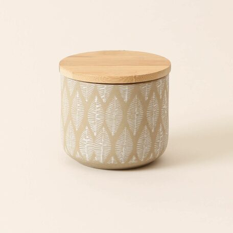 Dose aus Steingut, mit Blättermotiv und Bambusdeckel