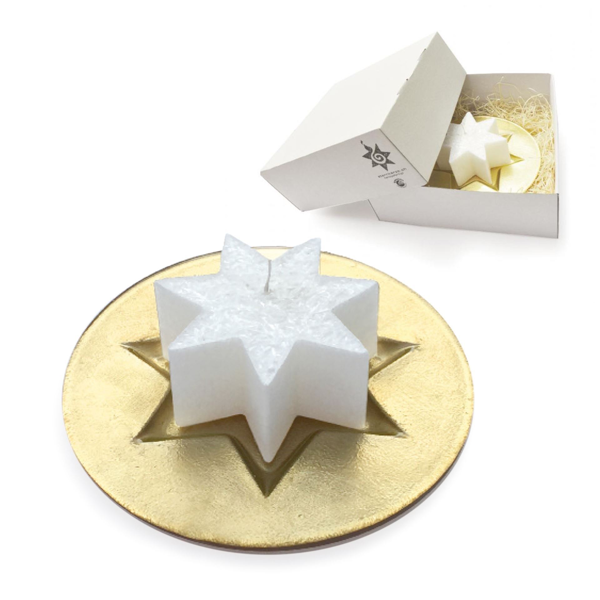 Sternkerze Stearin mit Gold-Glasuntersatz