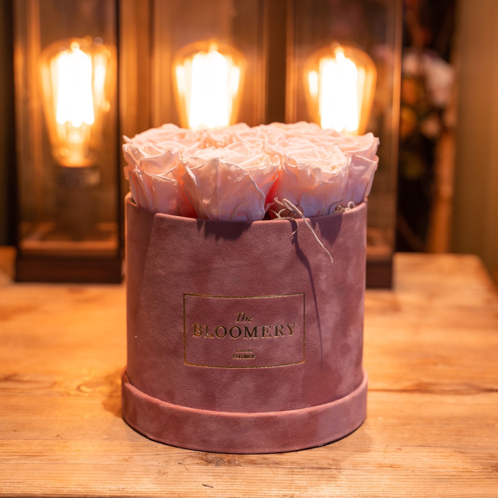 Rosenbox in Rosa Samt, mit 8 stabilisierten Rosen Almond, Ø 15 cm