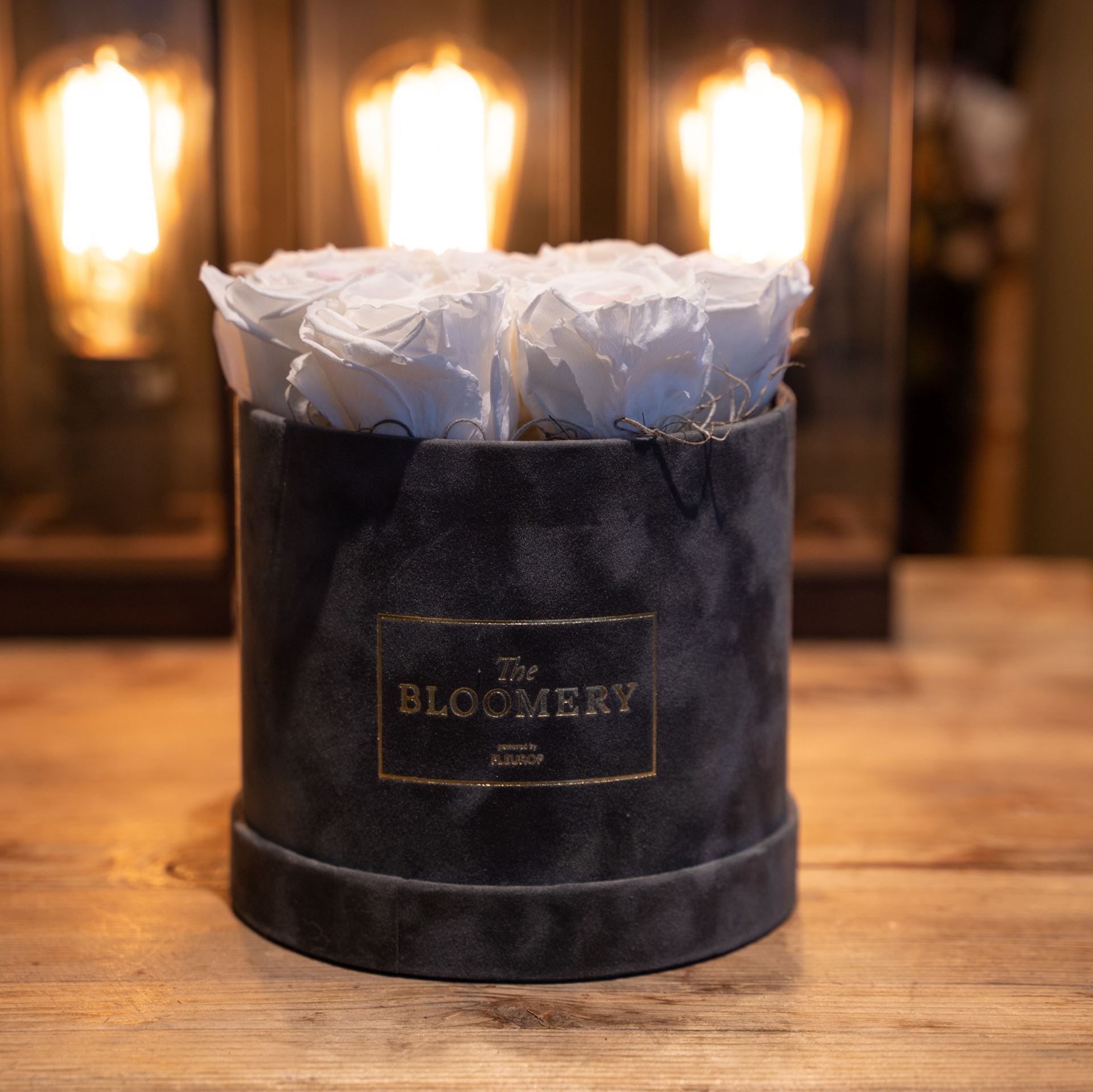 Rosenbox in Grau Samt, mit 8 stabilisierten Rosen Pink Bourgogne, Ø 15 cm