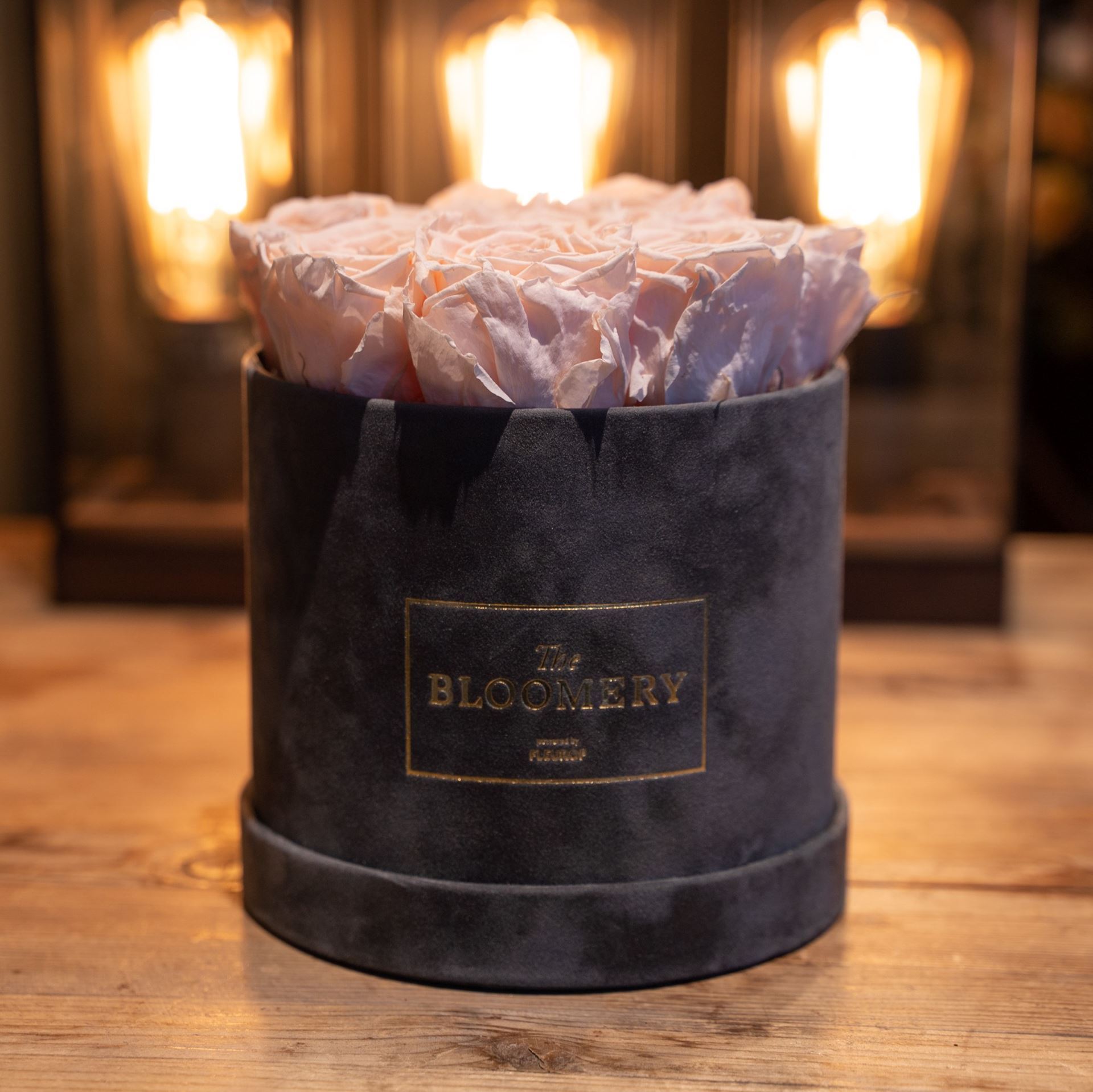 Rosenbox in Grau Samt, mit 8 stabilisierten Rosen Almond Cream, Ø 15 cm