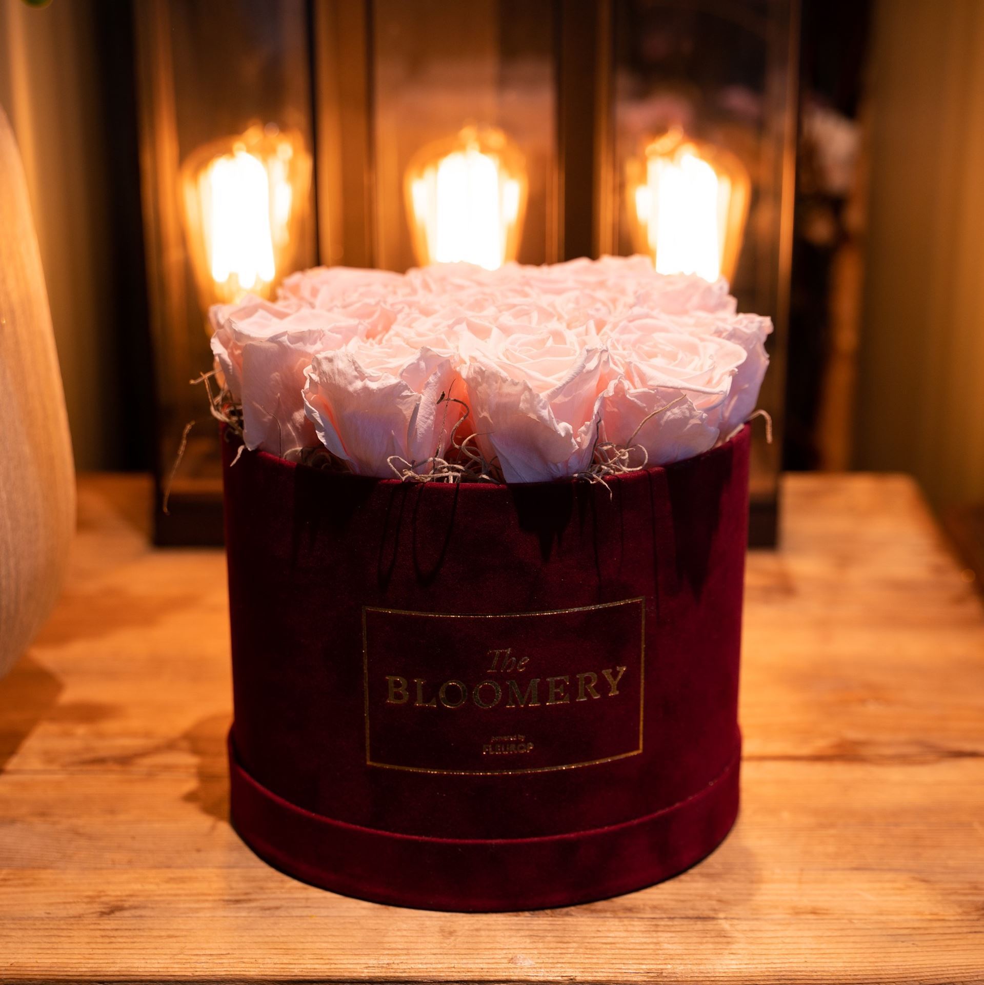 Rosenbox in Bordeauxrot Samt, mit 15 stabilisierten Rosen Pink Champagne Ø 20 cm