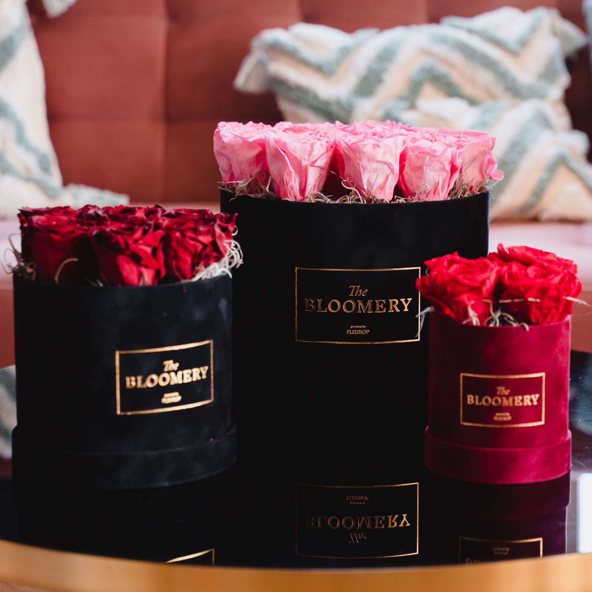 Rosenbox in Schwarz Samt, mit 8 stabilisierten Rosen Red, Ø 15 cm