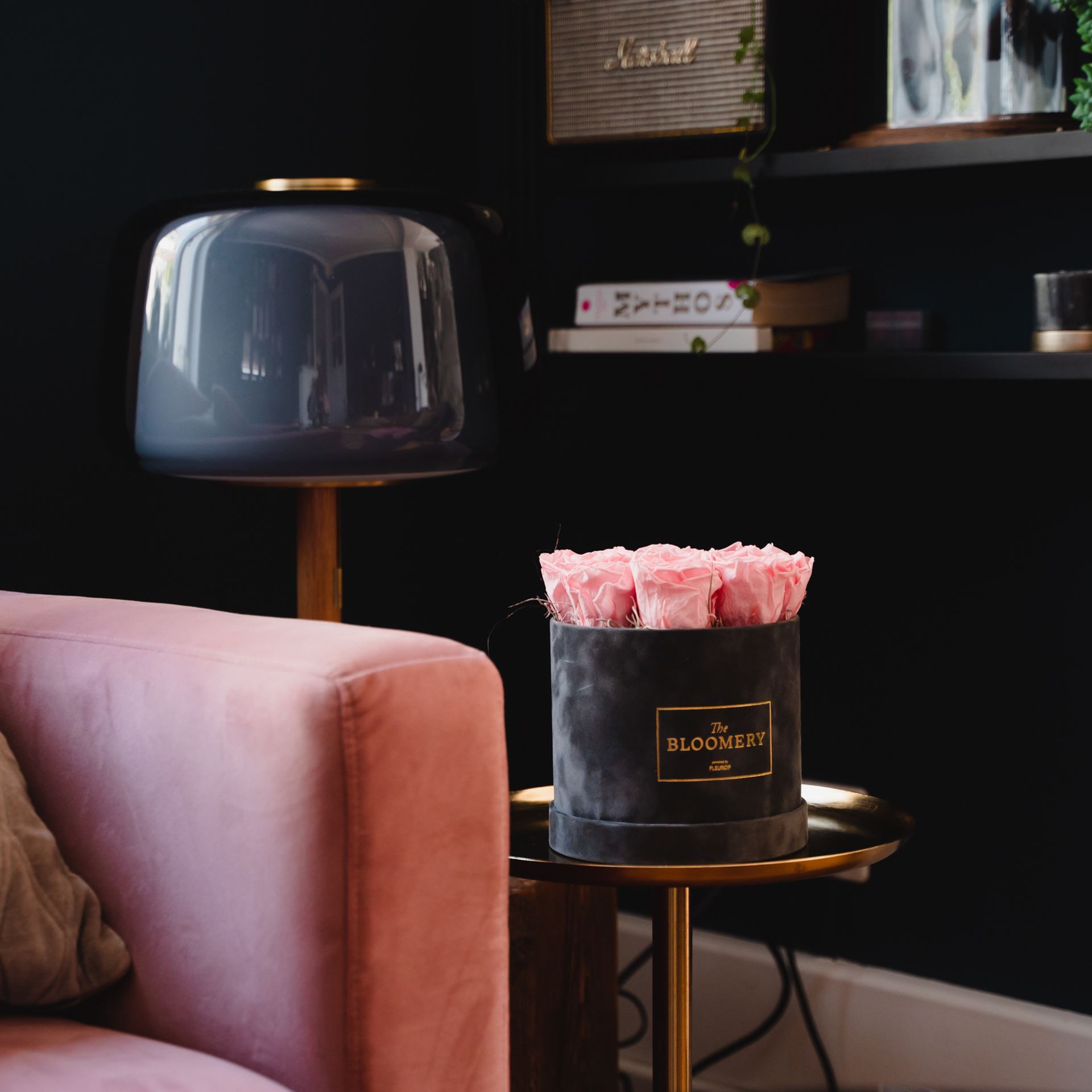 Rosenbox in Grau Samt, mit 8 stabilisierten Rosen Baby Pink, Ø 15 cm