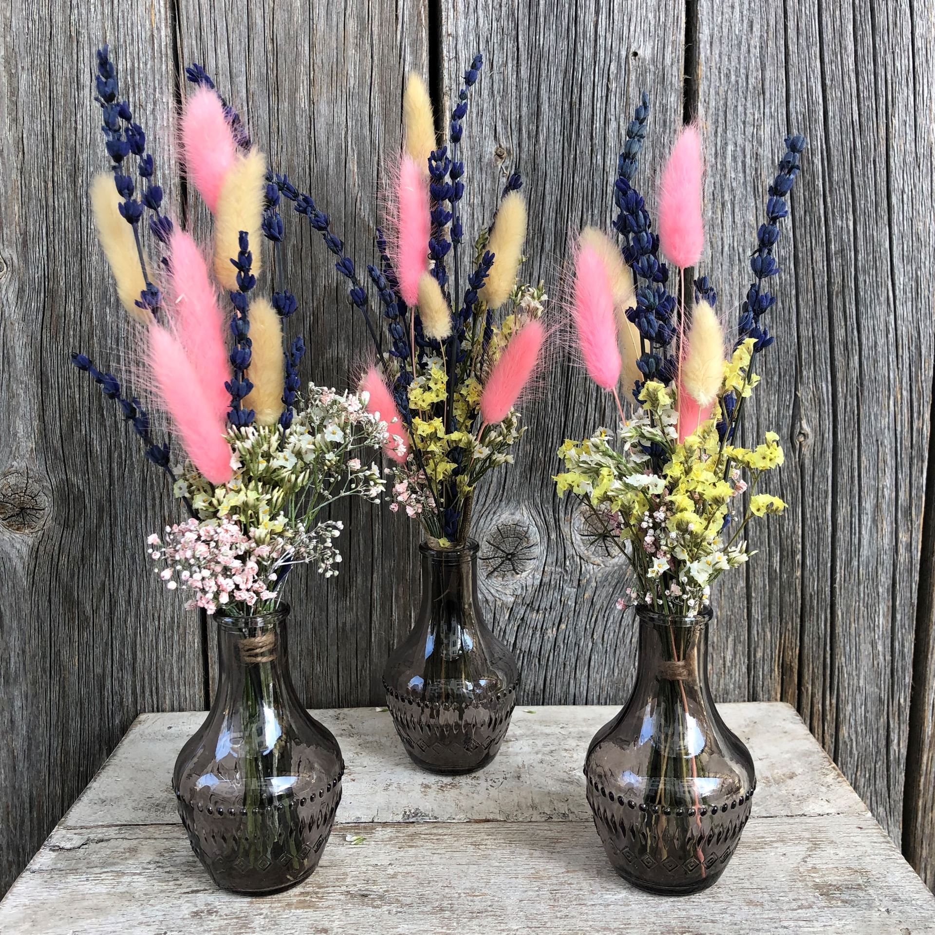 3er-Set Trockenblumen-Sträusschen mit Vasen