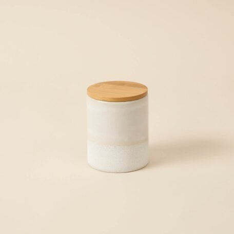 Runde Dose aus Steingut mit beiger Glasur und Bambusdeckel