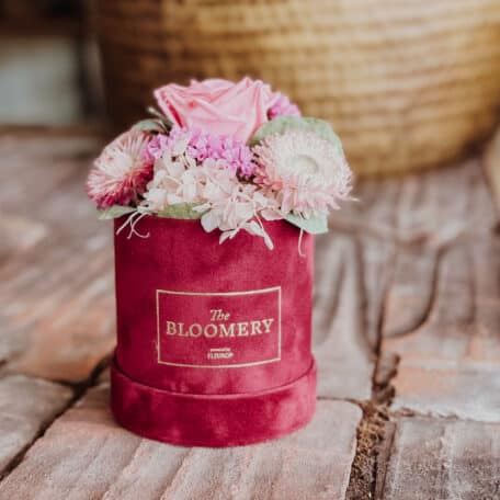 Samtbox in bordeauxrot, mit stabilisierter Rose und Trockenblumen in rosa, pink und beige Ø 10 cm