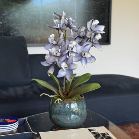 Künstliche Orchideen in Topf eingepflanzt blau